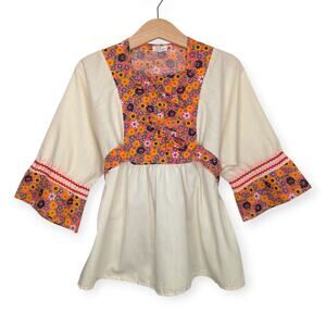 60s 70s Boho Tie-back Peasant Tunic ~ Girls Size 8 ~ Groovy print